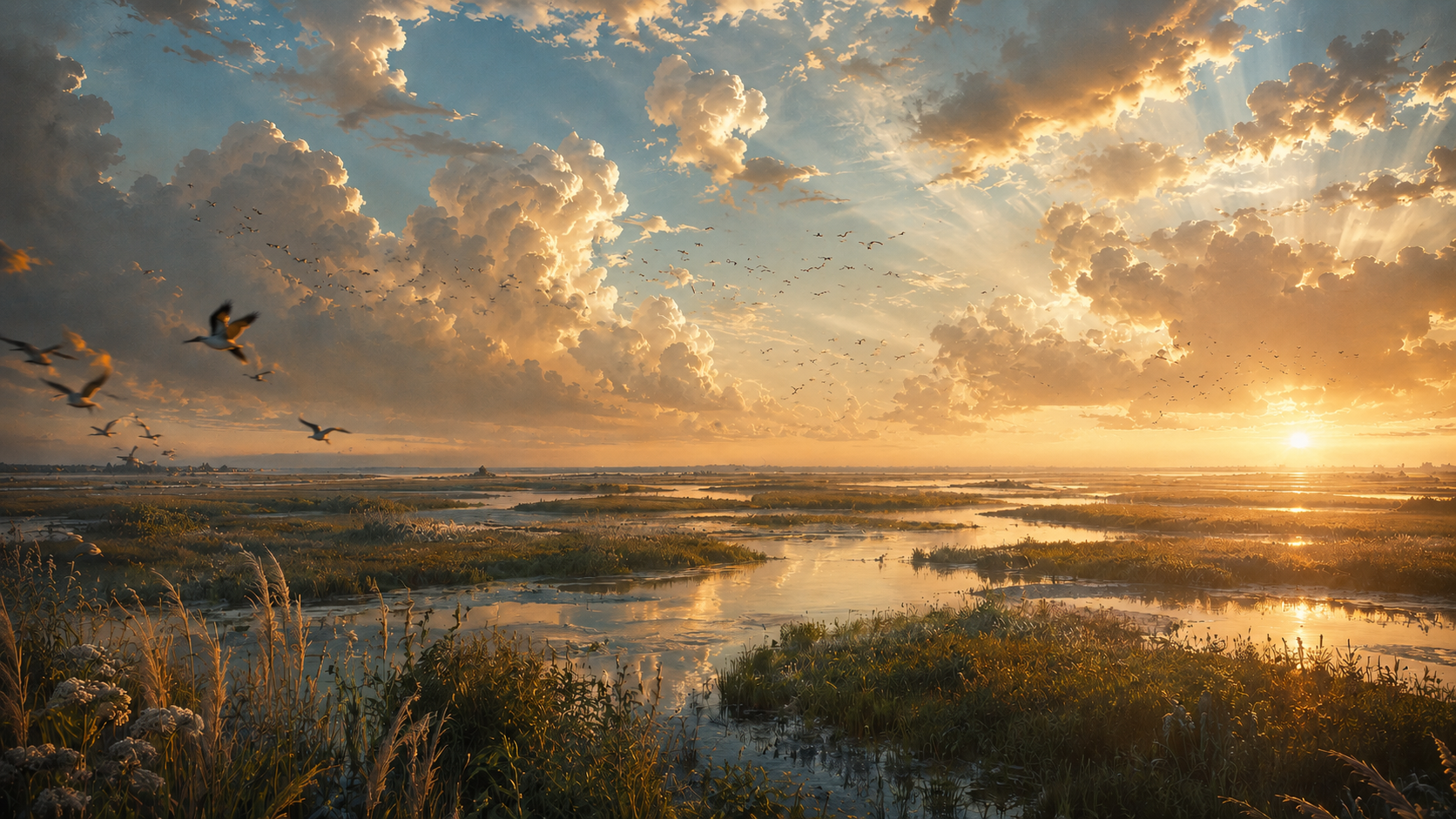 Marsh at sunrise with flocks of birds in golden light